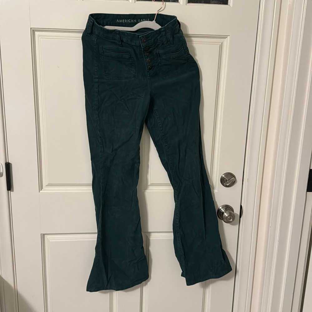High waisted 5 button turquoise bell bottom corduroy
pants